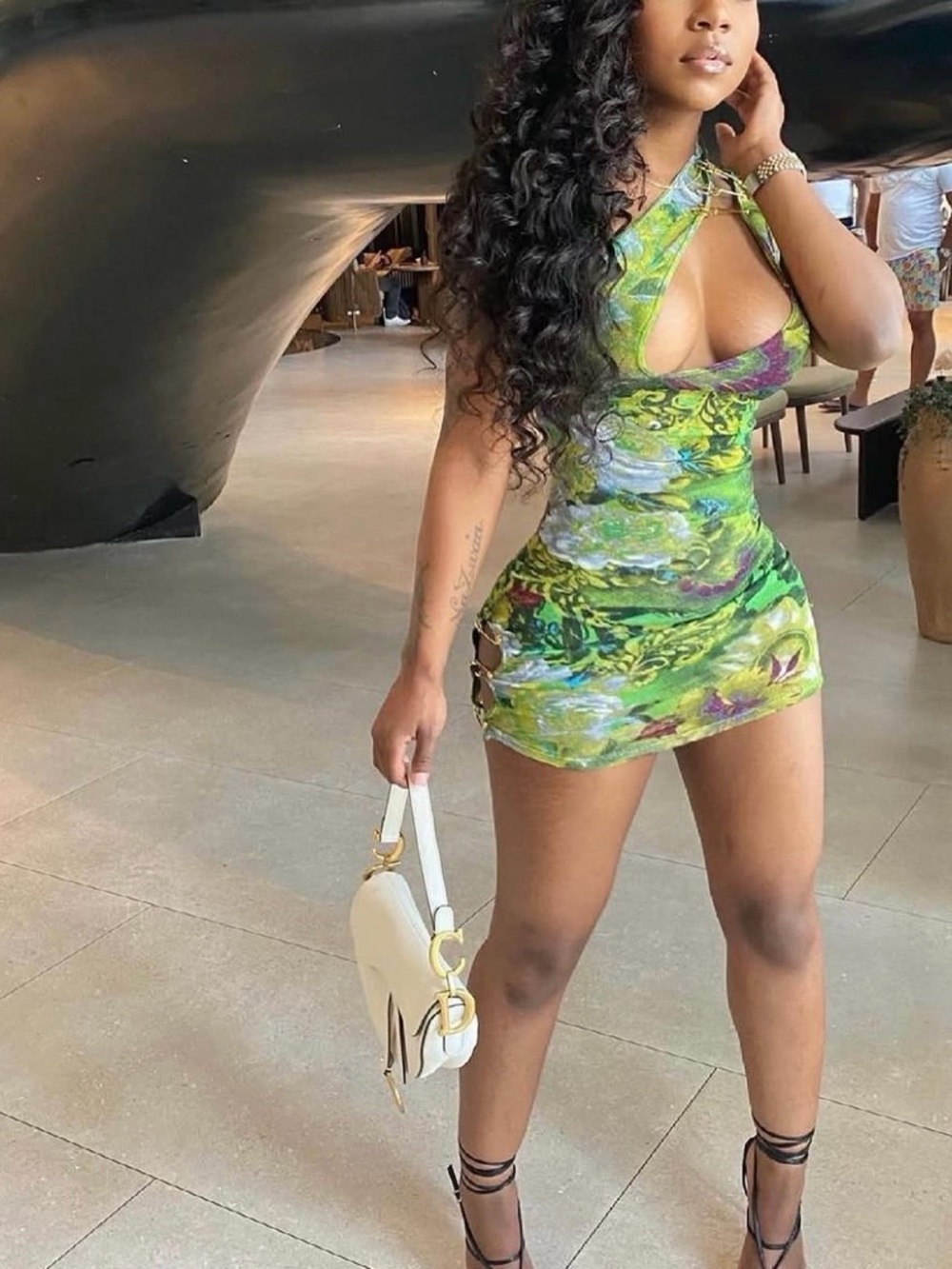 Green Abstract Halter Cutout Mini Dress